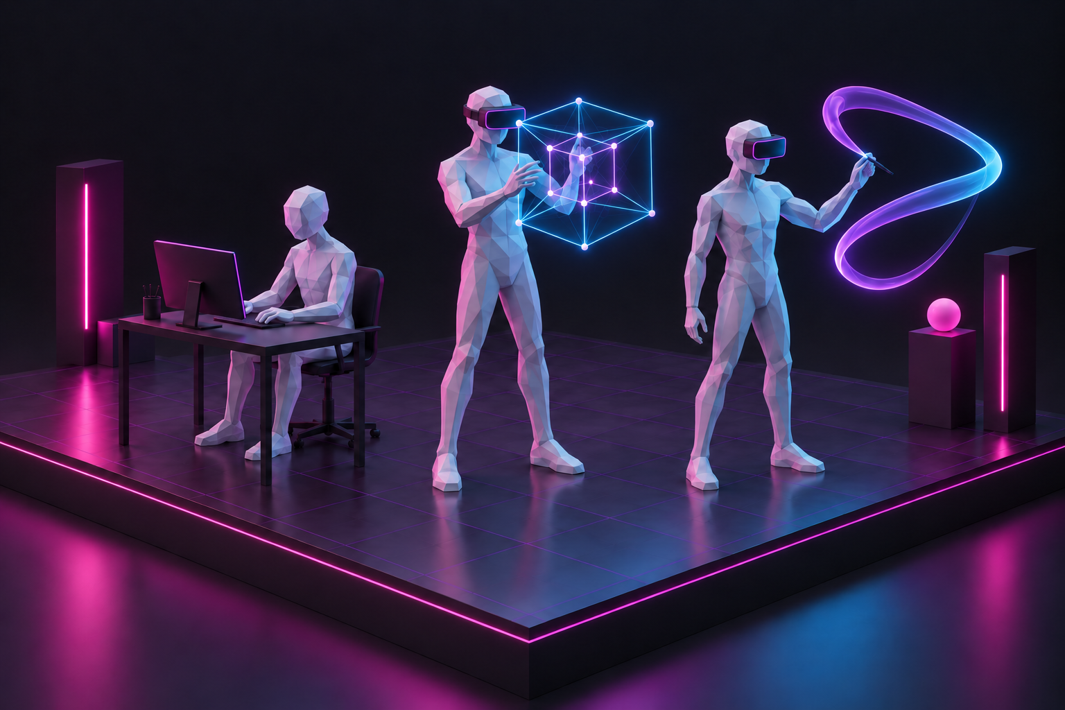 Three faceted humanoids on a neon grid: one seated at a computer, one manipulating a tesseract in VR, and one drawing a long 3D stroke with a VR pen in their left hand.
